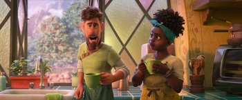 Movie still from “Strange World” (2022), directed by Don Hall – A man and a woman are drinking coffee; Medium shot, Over the shoulder angle