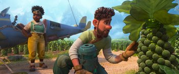 Movie still from “Strange World” (2022), directed by Don Hall – An animated man with a beard is holding a barrel; Medium shot, Low angle