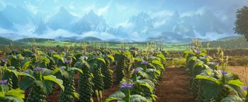 Movie still from “Strange World” (2022), directed by Don Hall – A painting of a field of flowers with mountains in the background; Extreme Wide shot, Low angle