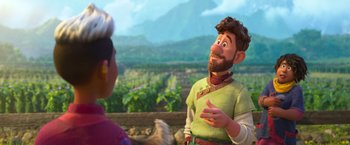 Movie still from “Strange World” (2022), directed by Don Hall – A man talking to a woman in front of mountains; Medium shot, Over the shoulder angle