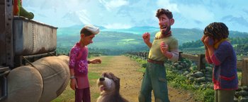 Movie still from “Strange World” (2022), directed by Don Hall – Two people and a dog standing on a dirt road; Medium shot, Over the shoulder angle