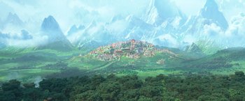 Movie still from “Strange World” (2022), directed by Don Hall – An artistic painting of a city on a hill; Extreme Wide shot, High angle