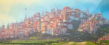 Movie still from “Strange World” (2022), directed by Don Hall – An artistic rendering of a city with many buildings; Extreme Wide shot, Low angle