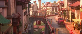 Movie still from “Strange World” (2022), directed by Don Hall – An artist's rendering of a street scene in a city; Extreme Wide shot, High angle