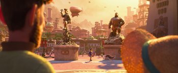 Movie still from “Strange World” (2022), directed by Don Hall – An image of an amusement park with a lot of statues; Extreme Wide shot, Low angle