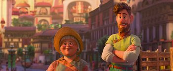 Movie still from “Strange World” (2022), directed by Don Hall – A man and a woman standing next to each other in front of buildings; Medium shot, Over the shoulder angle