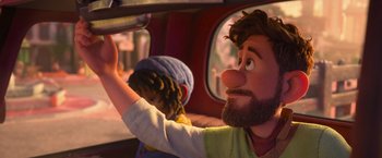 Movie still from “Strange World” (2022), directed by Don Hall – A man and a woman in a car with a window open; Close Up shot, Over the shoulder angle