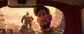 Movie still from “Strange World” (2022), directed by Don Hall – A man with a beard and a mustache is looking at the camera; Close Up shot, Over the shoulder angle