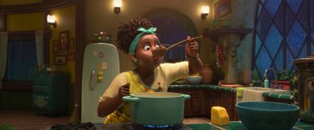 Movie still from “Strange World” (2022), directed by Don Hall – A woman is stirring a pot with a spoon; Medium shot, Over the shoulder angle