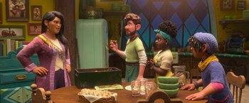 Movie still from “Strange World” (2022), directed by Don Hall – A man and a woman sitting at a dinner table; Medium shot, Over the shoulder angle