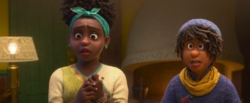 Movie still from “Strange World” (2022), directed by Don Hall – A young girl is looking surprised at the camera; Close Up shot, Over the shoulder angle