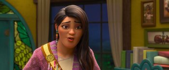 Movie still from “Strange World” (2022), directed by Don Hall – A woman with long black hair wearing a pink sweater; Close Up shot, Over the shoulder angle