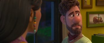 Movie still from “Strange World” (2022), directed by Don Hall – A man with curly hair and a beard looking at himself in the mirror; Close Up shot, Over the shoulder angle