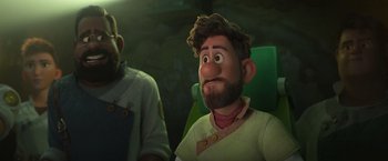 Movie still from “Strange World” (2022), directed by Don Hall – A man with a beard and a mustache is sitting next to a man; Close Up shot, Over the shoulder angle