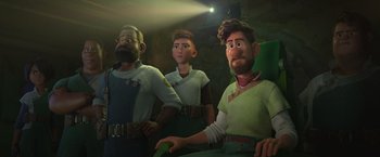 Movie still from “Strange World” (2022), directed by Don Hall – A group of people standing next to each other in a room; Medium shot, Over the shoulder angle