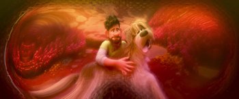 Movie still from “Strange World” (2022), directed by Don Hall – An image of a man and a dog; Wide shot, Over the shoulder angle