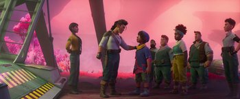 Movie still from “Strange World” (2022), directed by Don Hall – A couple of people that are standing in a room together; Wide shot, Over the shoulder angle