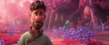 Movie still from “Strange World” (2022), directed by Don Hall – An animated man with a beard and a mustache; Close Up shot, Over the shoulder angle