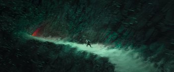 Movie still from “Strange World” (2022), directed by Don Hall – A person skiing down a hill in the woods; Extreme Wide shot, Overhead angle