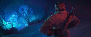 Movie still from “Strange World” (2022), directed by Don Hall – A painting of a man looking at a tree; Wide shot, Low angle