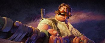 Movie still from “Strange World” (2022), directed by Don Hall – A painting of a man with a beard and a mustache; Close Up shot, Low angle