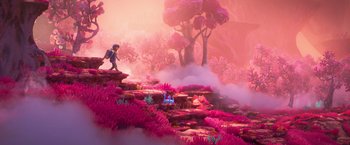 Movie still from “Strange World” (2022), directed by Don Hall – A person standing on top of a cliff; Extreme Wide shot, High angle