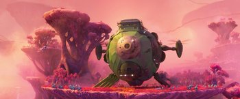 Movie still from “Strange World” (2022), directed by Don Hall – An image of an alien ship in the middle of a field; Extreme Wide shot, Low angle