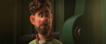 Movie still from “Strange World” (2022), directed by Don Hall – An animated man with a beard and a mustache; Close Up shot, Over the shoulder angle