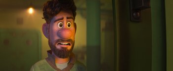 Movie still from “Strange World” (2022), directed by Don Hall – A man with a beard and a mustache is looking at the camera; Close Up shot, Over the shoulder angle