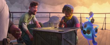 Movie still from “Strange World” (2022), directed by Don Hall – A man and a woman sitting at a table; Medium shot, Over the shoulder angle