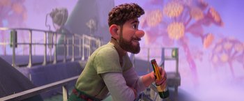 Movie still from “Strange World” (2022), directed by Don Hall – An animated man holding a beer in his hand; Medium shot, Over the shoulder angle