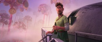 Movie still from “Strange World” (2022), directed by Don Hall – An animated man holding a bottle of beer in his hand; Medium shot, Over the shoulder angle