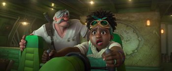 Movie still from “Strange World” (2022), directed by Don Hall – An old man and a little girl in a cart; Medium shot, Low angle