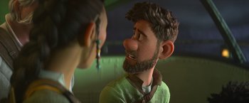 Movie still from “Strange World” (2022), directed by Don Hall – A man with a beard is talking to a woman; Close Up shot, Over the shoulder angle
