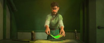 Movie still from “Strange World” (2022), directed by Don Hall – An animated man is cutting a green leaf; Medium shot, High angle