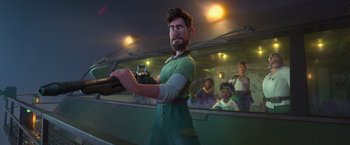 Movie still from “Strange World” (2022), directed by Don Hall – A man holding a gun in front of a group of people; Medium shot, Low angle