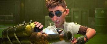 Movie still from “Strange World” (2022), directed by Don Hall – A man wearing sunglasses and a white shirt is welding a pipe; Close Up shot, Over the shoulder angle