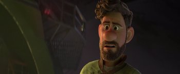 Movie still from “Strange World” (2022), directed by Don Hall – An animated man with a surprised look on his face; Close Up shot, Over the shoulder angle