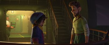 Movie still from “Strange World” (2022), directed by Don Hall – A man and a boy are standing next to each other in front of a staircase; Medium shot, Over the shoulder angle