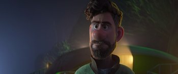 Movie still from “Strange World” (2022), directed by Don Hall – An animated man with a beard is looking at the camera; Close Up shot, Over the shoulder angle