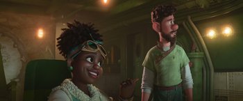 Movie still from “Strange World” (2022), directed by Don Hall – A couple of people standing next to each other in a room; Medium shot, Over the shoulder angle