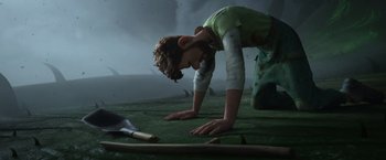 Movie still from “Strange World” (2022), directed by Don Hall – An animated person is bending over in the grass; Medium shot, High angle