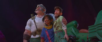 Movie still from “Strange World” (2022), directed by Don Hall – A group of people standing next to each other; Medium shot, Low angle