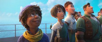 Movie still from “Strange World” (2022), directed by Don Hall – A group of people standing next to each other on top of a boat; Medium shot, Low angle