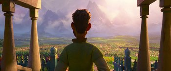 Movie still from “Strange World” (2022), directed by Don Hall – A boy looking out over a field of flowers; Wide shot, Over the shoulder angle