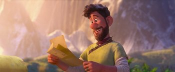 Movie still from “Strange World” (2022), directed by Don Hall – An animated character is holding a piece of paper in his hands; Medium shot, Over the shoulder angle