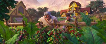 Movie still from “Strange World” (2022), directed by Don Hall – A painting of a man and a woman working in a garden; Wide shot, Low angle