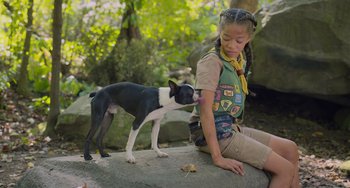 Movie still from “Strays” (2023), directed by Josh Greenbaum – A young girl sitting on the ground petting a dog; Medium shot, Low angle