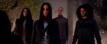 Movie still from “Studio 666” (2022), directed by BJ McDonnell – A group of people standing next to each other; Medium shot, Low angle