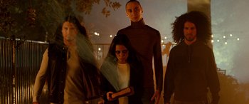 Movie still from “Studio 666” (2022), directed by BJ McDonnell – A group of people standing next to each other; Medium shot, Low angle